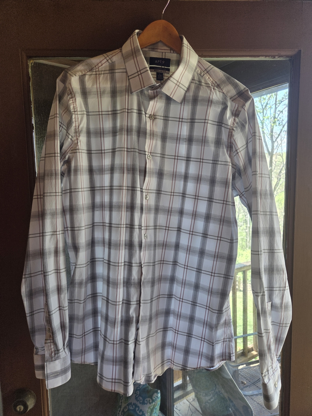 Apt. 9 Men's White Plaid Dress Shirt with Gray and Brown Lines